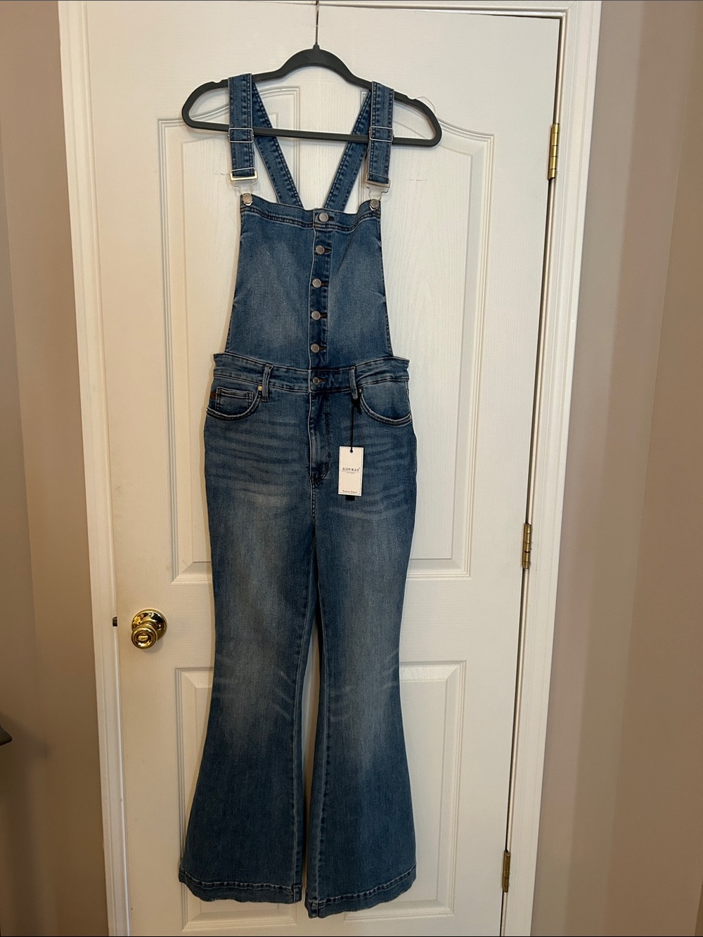 NWT Judy Blue Medium Wash Flared Tummy Control Denim Overalls    size XL